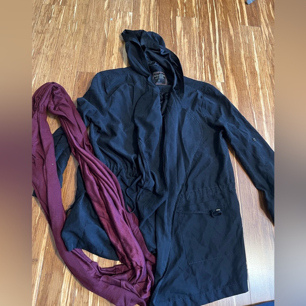 Black Hooded Jacket with Maroon Scarf